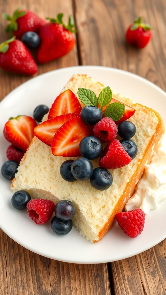 A slice of angel food cake topped with fresh berries and whipped cream on a rustic table.